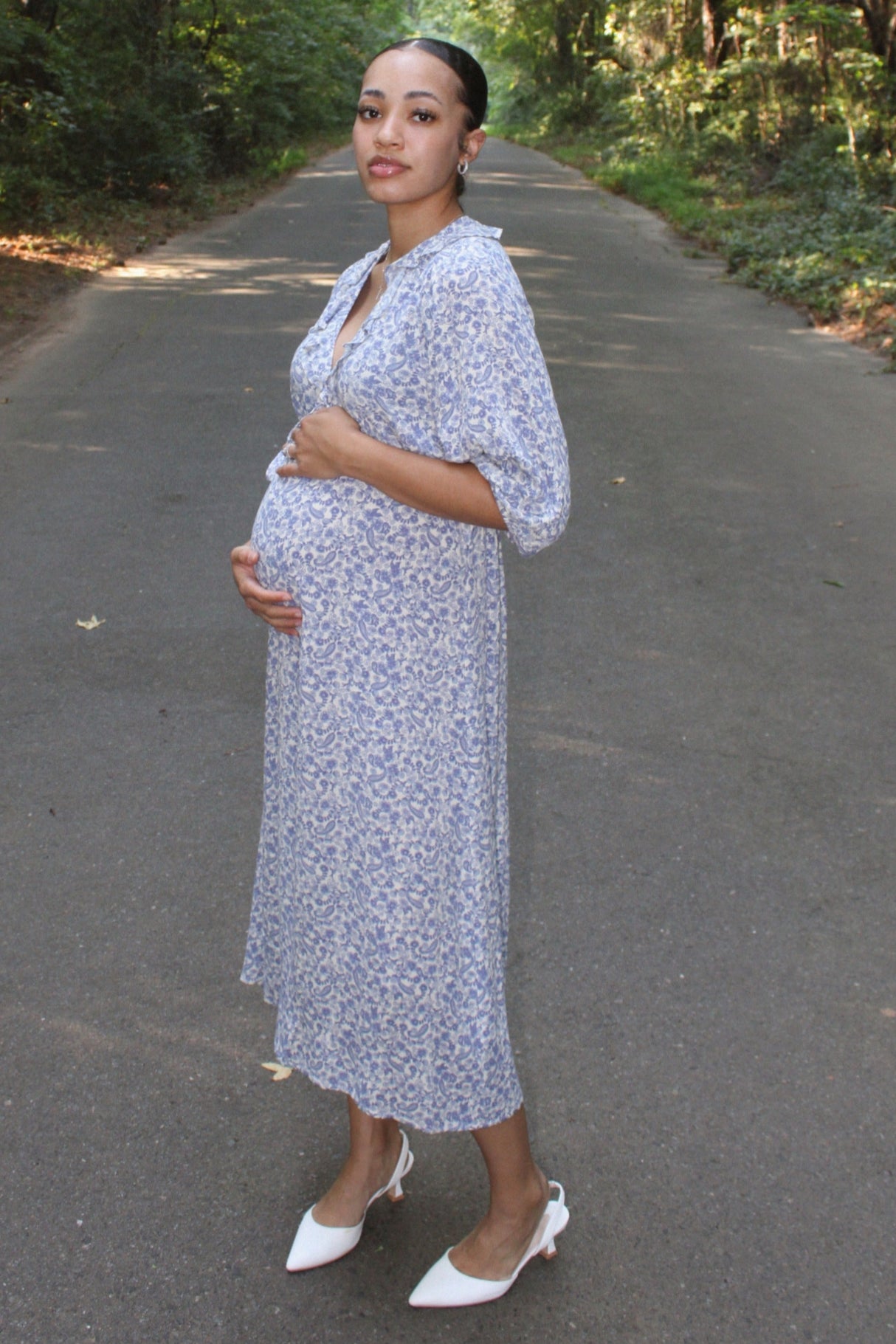 Blue Floral Ruffle V-Neck Maternity Midi Dress from PinkBlush
