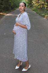 Blue Floral Ruffle V-Neck Maternity Midi Dress from PinkBlush