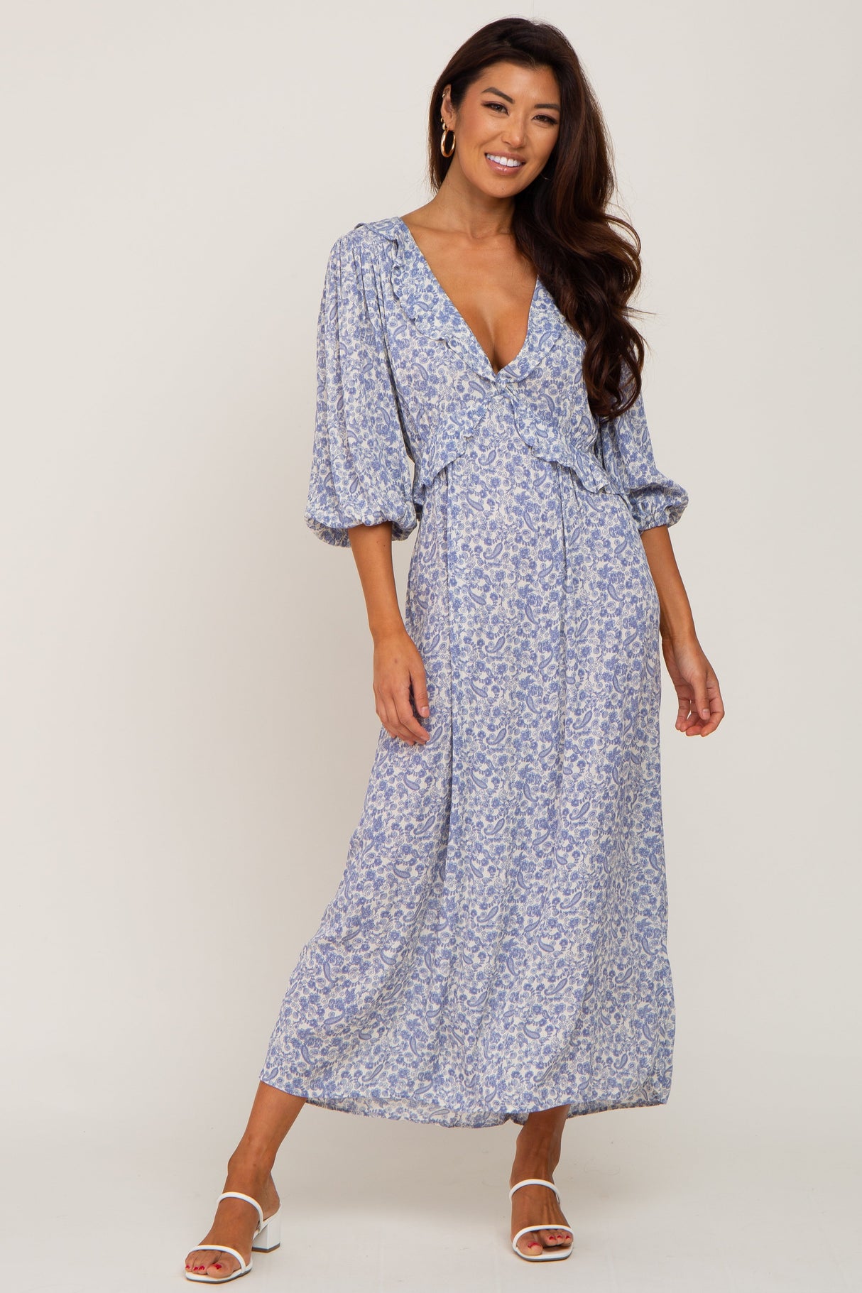 Blue Floral Ruffle V-Neck Maternity Midi Dress from PinkBlush