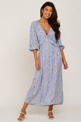 Blue Floral Ruffle V-Neck Maternity Midi Dress from PinkBlush