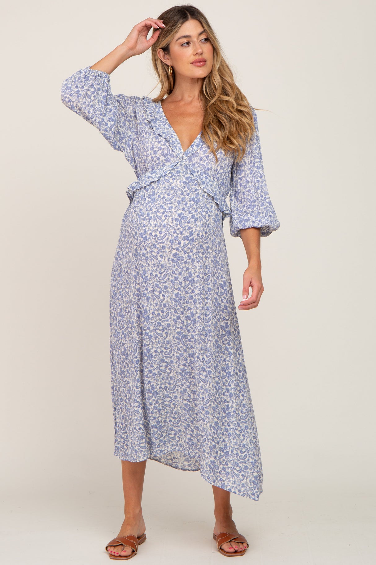 Blue Floral Ruffle V-Neck Maternity Midi Dress from PinkBlush