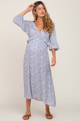 Blue Floral Ruffle V-Neck Maternity Midi Dress from PinkBlush