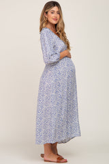 Blue Floral Ruffle V-Neck Maternity Midi Dress from PinkBlush