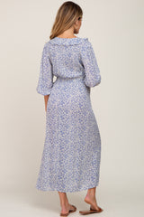 Blue Floral Ruffle V-Neck Maternity Midi Dress from PinkBlush