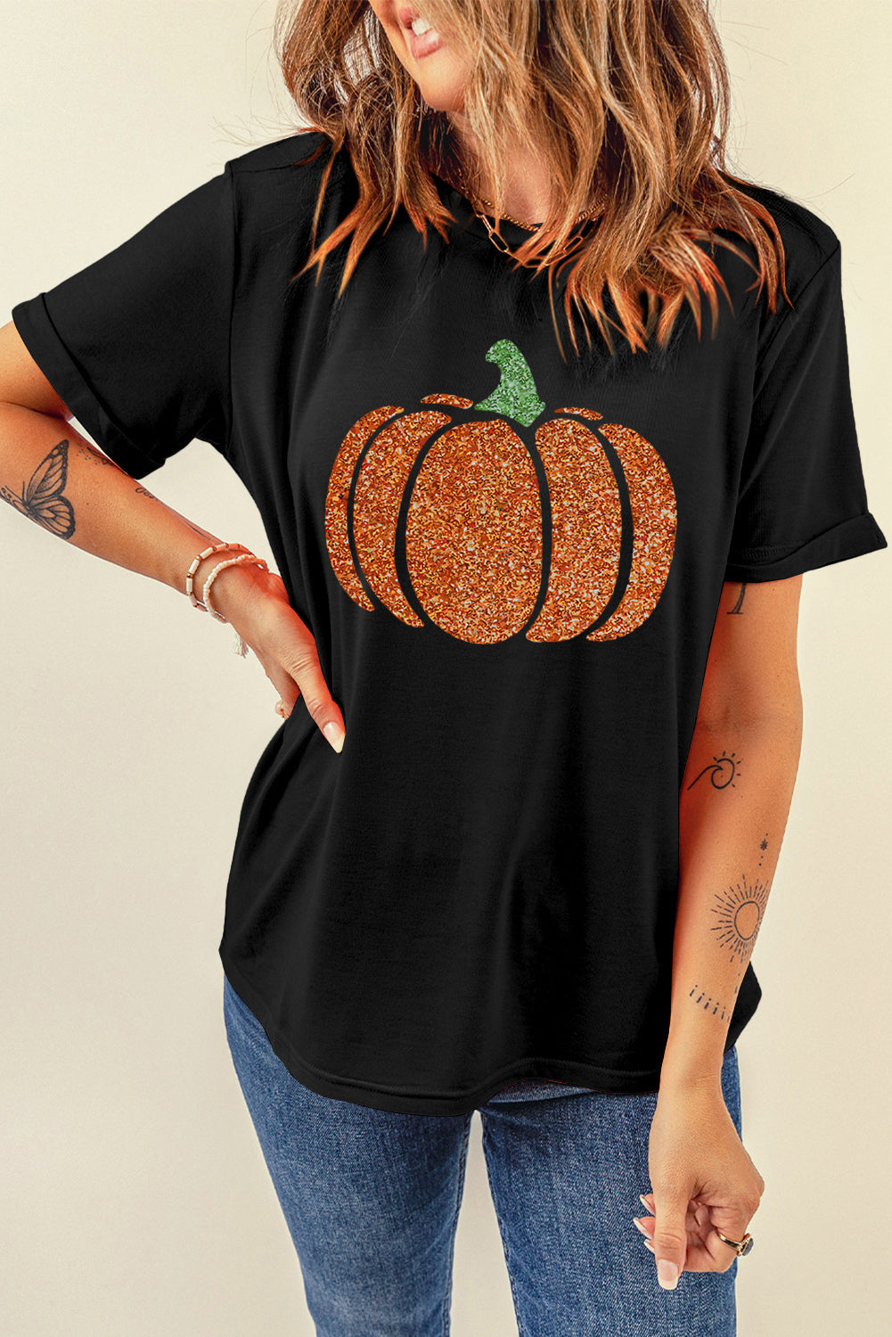 Black Glittering Pumpkin Graphic Halloween T Shirt from MsDressly