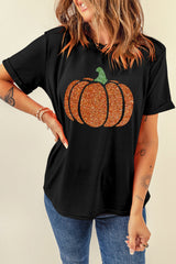 Black Glittering Pumpkin Graphic Halloween T Shirt from MsDressly