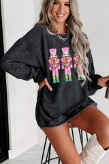 Black Christmas Sequined Nutcrackers Mineral Wash Corded Sweatshirt from MsDressly