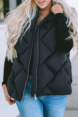 Black Quilted Zipper Front Hooded Vest Coat From MsDressly
