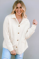 Beige Button-Up Stitching Pocket Raw Hem Shacket from MsDressly