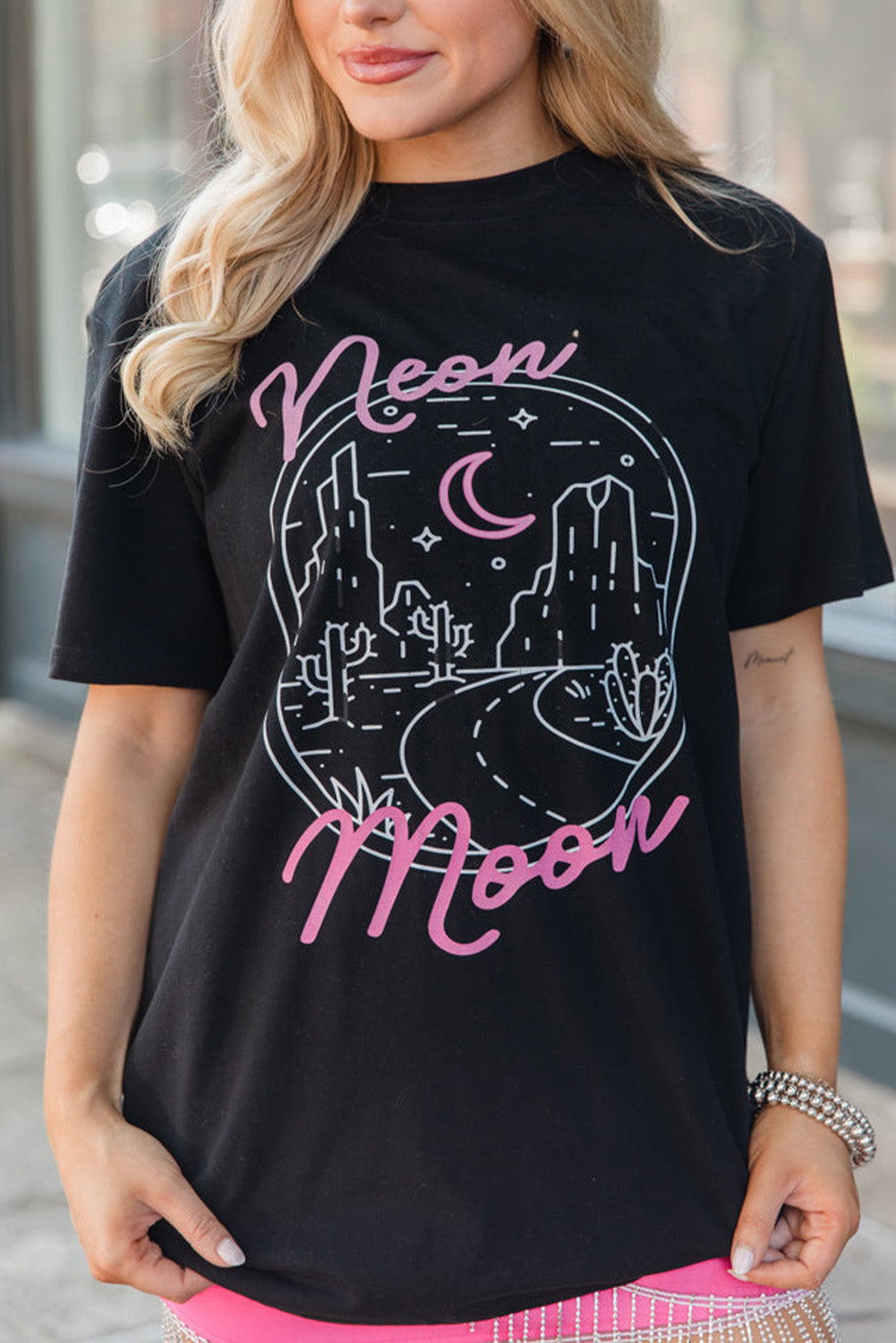 Black neon moon Letter Graphic Short Sleeve Top from MsDressly