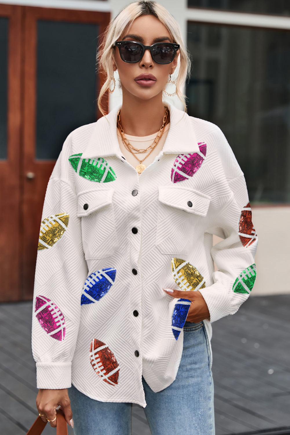 Beige Sequin Rugby Football Textured Knit Collared Game Day Shirt Jacket from MsDressly