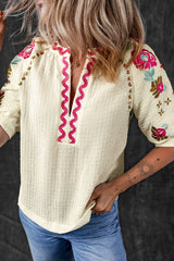 Beige Floral Embroidered Ricrac Puff Sleeve Textured Blouse from MsDressly