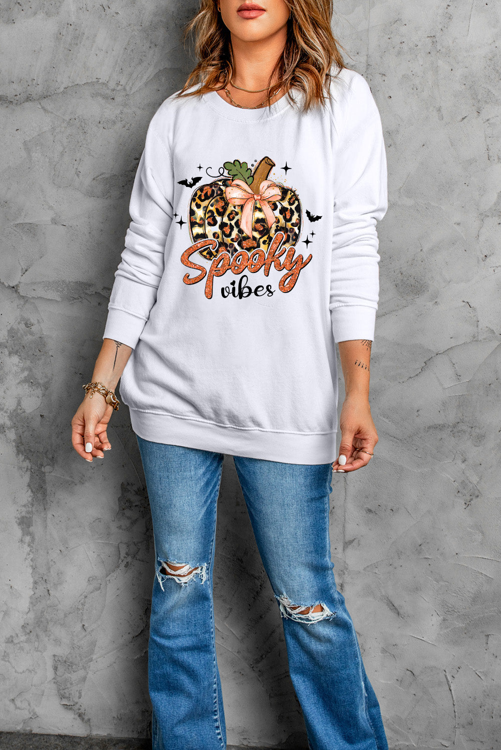 Beige Spooky Leopard Pumpkin Print Crew Neck Sweatshirt from MsDressly