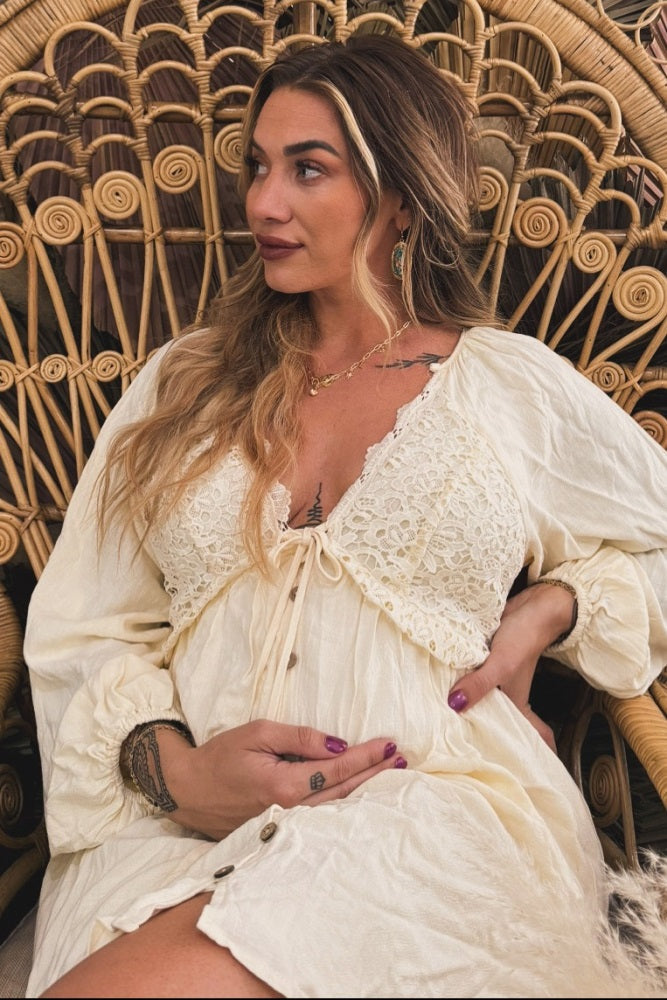 Beige Crochet Lace Button Front Maternity Dress from PinkBlush