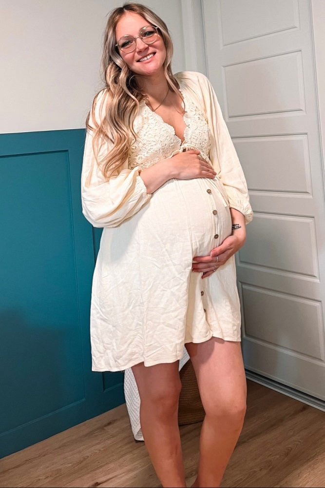 Beige Crochet Lace Button Front Maternity Dress from PinkBlush