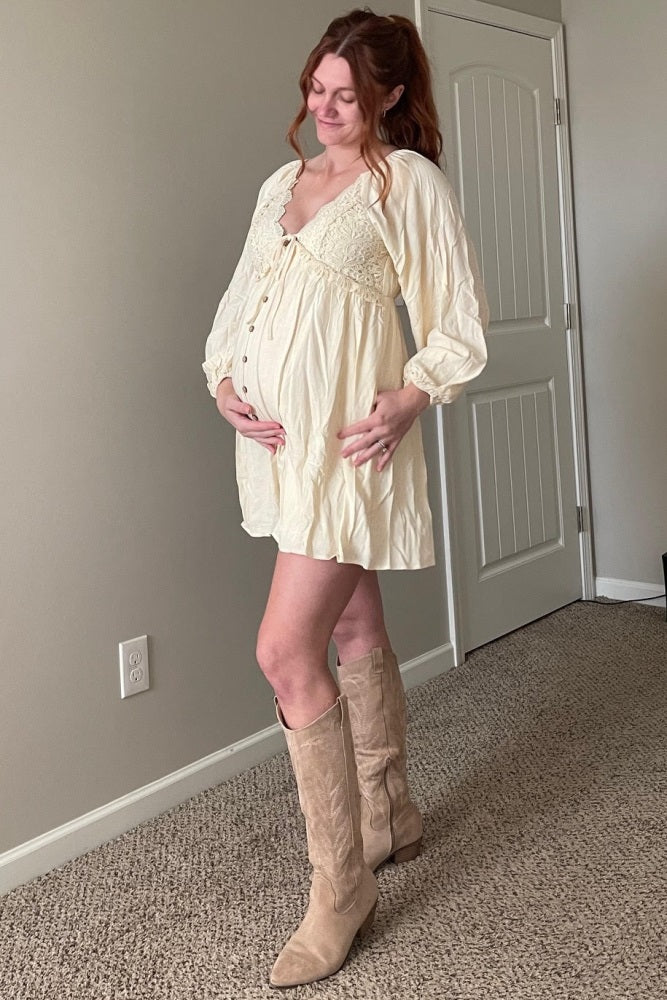 Beige Crochet Lace Button Front Maternity Dress from PinkBlush