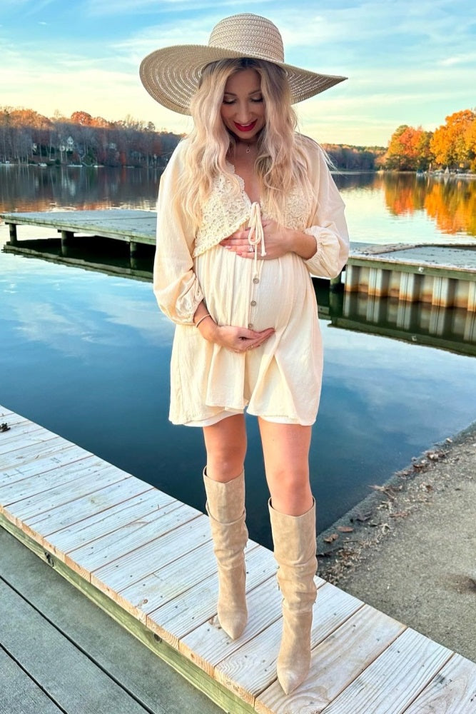Beige Crochet Lace Button Front Maternity Dress from PinkBlush
