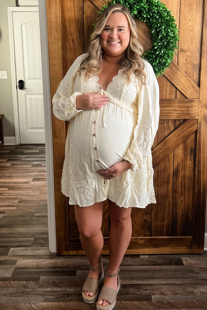 Beige Crochet Lace Button Front Maternity Dress from PinkBlush