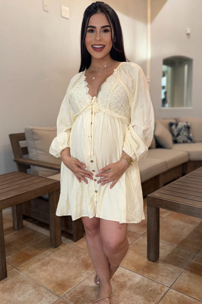 Beige Crochet Lace Button Front Maternity Dress from PinkBlush