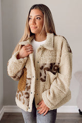 Beige Leopard Patchwork Snap Buttons Sherpa Jacket from MsDressly