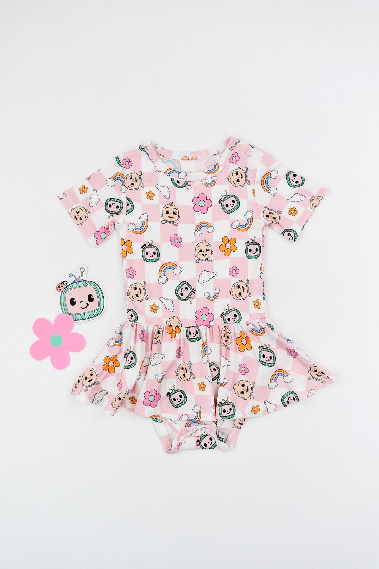 Dream Big Little Co x CoComelon JJ RAINBOW CHECKERS SHORT SLEEVE DREAM BODYSUIT DRESS from DREAM BIG LITTLE CO