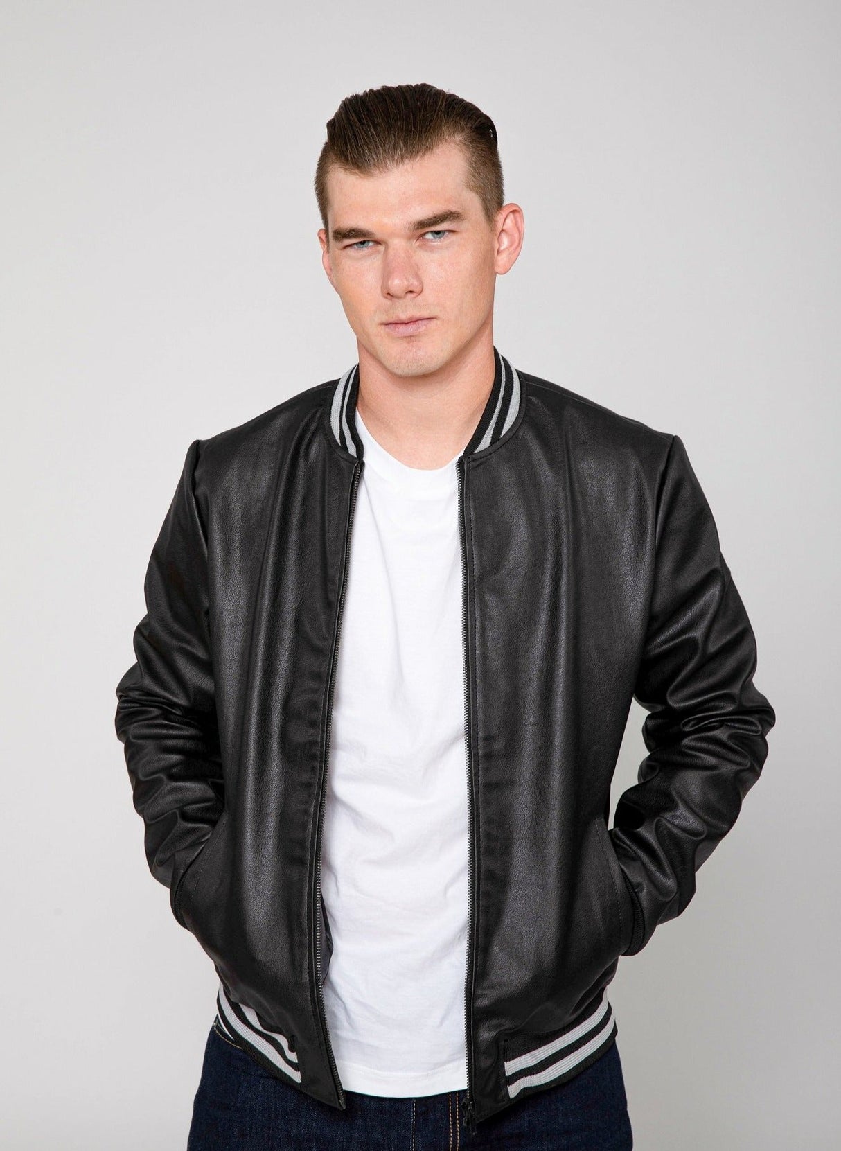 Men's Jett Varsity Lightweight PU Faux Leather Bomber Jacket From FAD