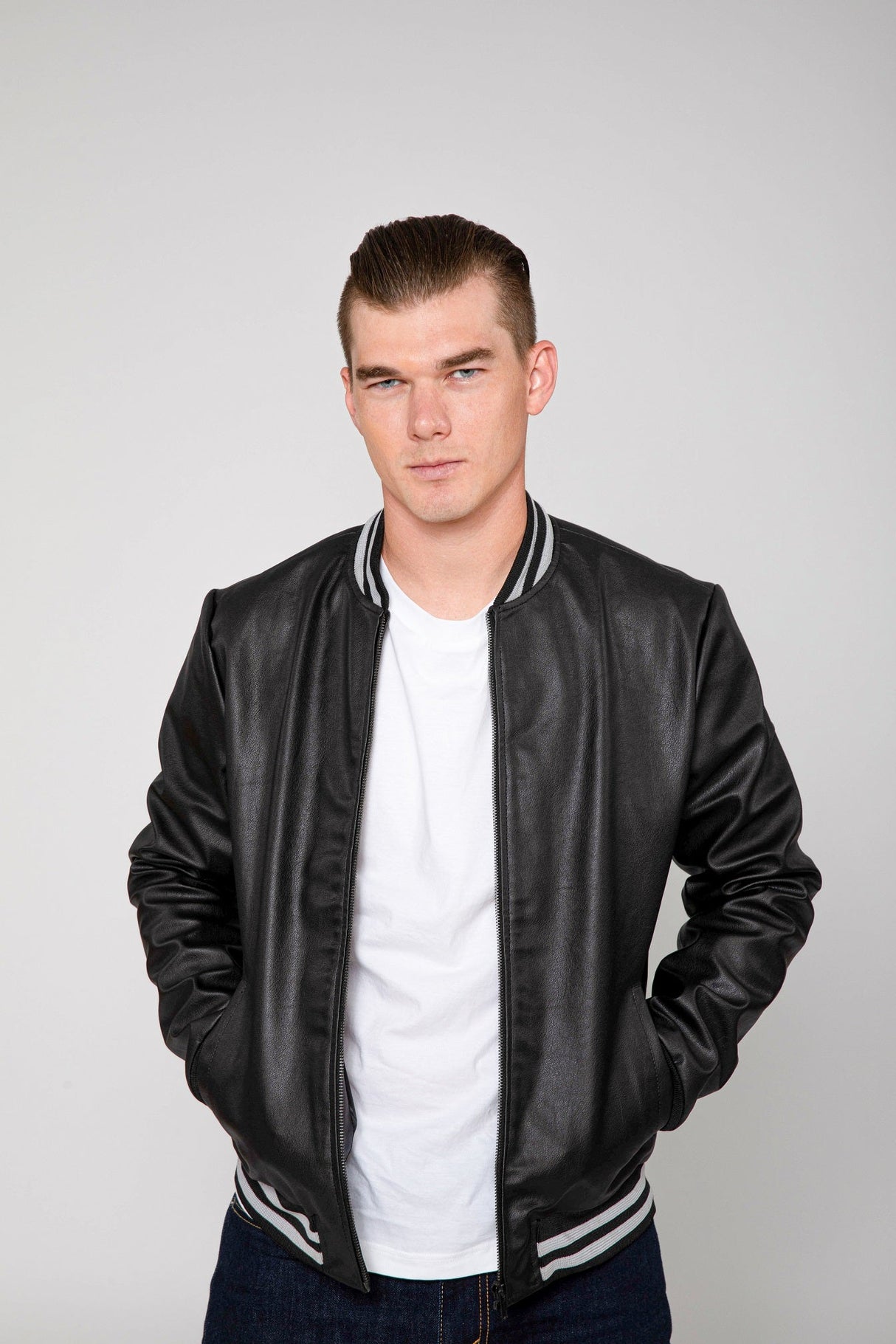 Men's Jett Varsity Lightweight PU Faux Leather Bomber Jacket From FAD