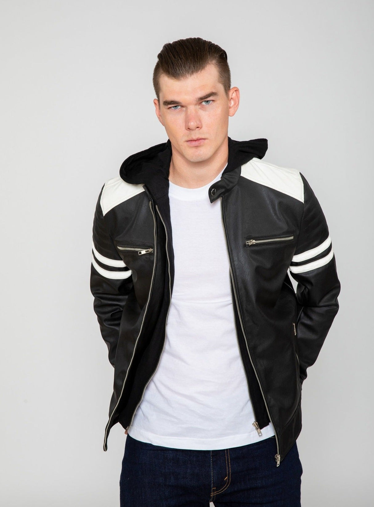 Men's Hawk Hooded PU Faux Leather Moto Jacket From FAD