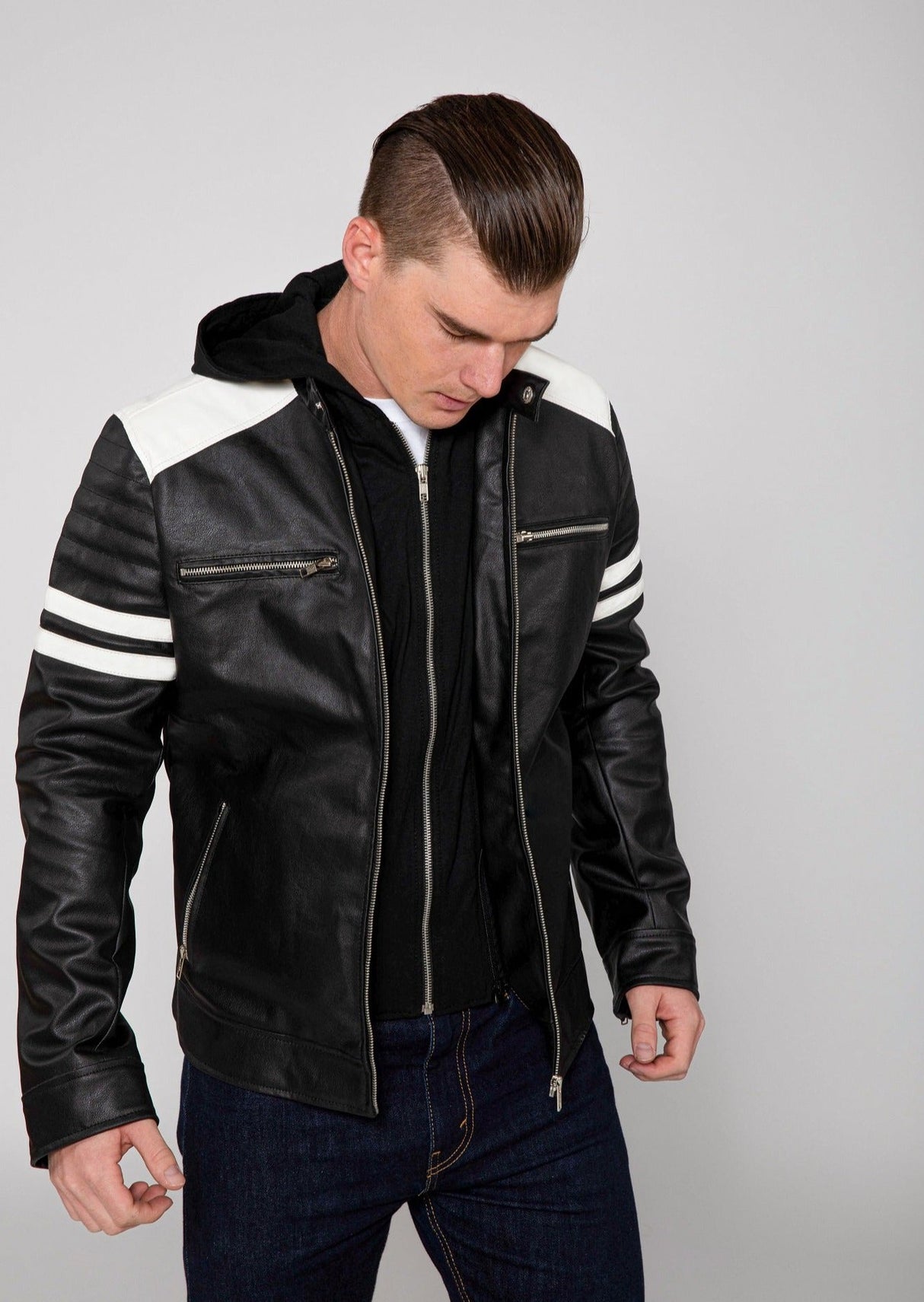 Men's Hawk Hooded PU Faux Leather Moto Jacket From FAD