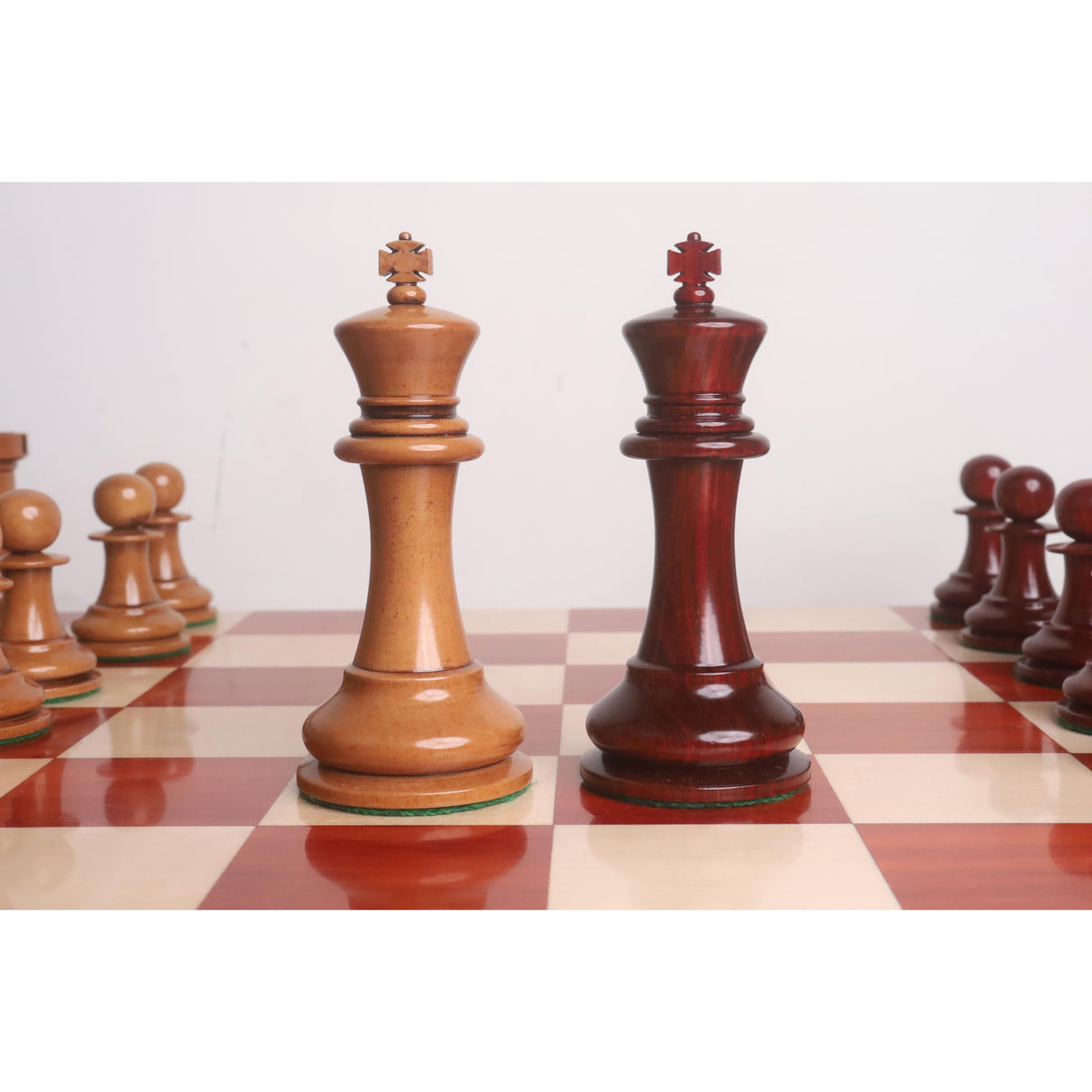 Original Staunton Chess Set- Chess Pieces Only- Lacquered Distress Antiqued Boxwood & Bud Rosewood - 4.5" King From Royal Chess Mall