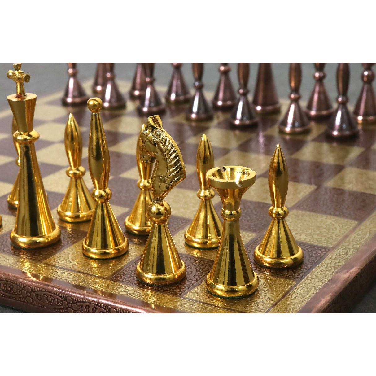 Brass Metal Modern Luxury Chess Pieces & Board Set 14" - Antique Copper & Gold From Royal Chess Mall