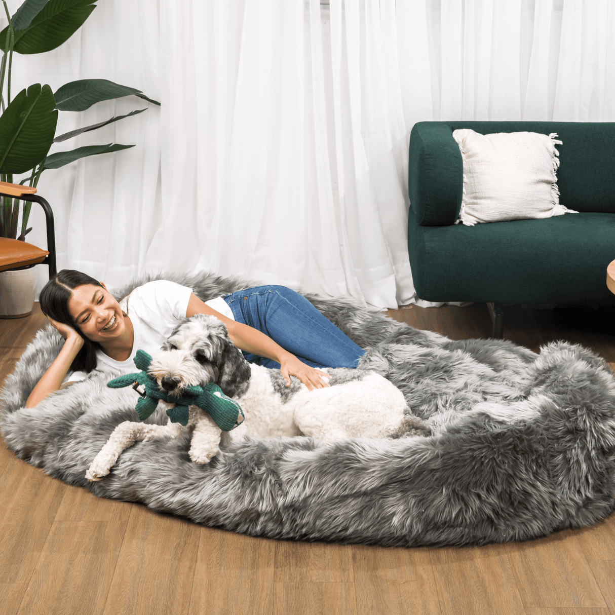 PupCloud™ Human-Size Faux Fur Memory Foam Dog Bed - Charcoal Grey From Paw.com
