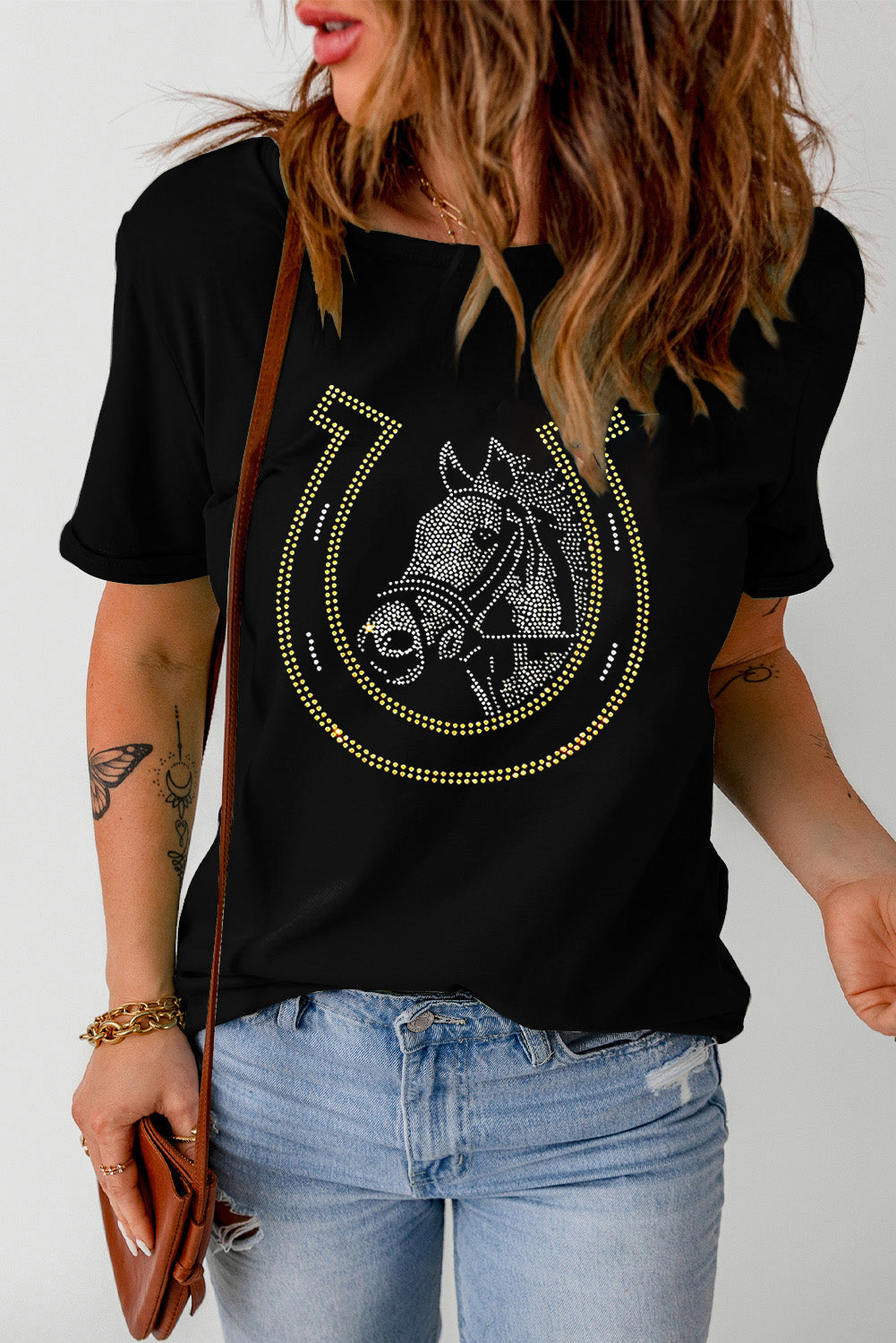 Black Rhinestone Horse & Horseshoe Graphic T Shirt from MsDressly
