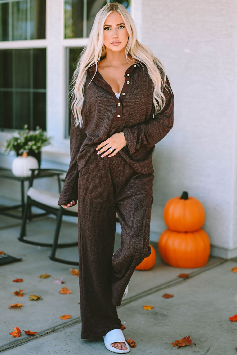 Brooke Ribbed Knit Collared Henley Top and Pants Lounge Outfit From Threaded Pear