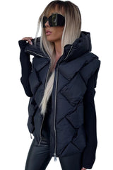 Black Quilted Zipper Front Hooded Vest Coat From MsDressly