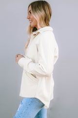 Beige Button-Up Stitching Pocket Raw Hem Shacket from MsDressly