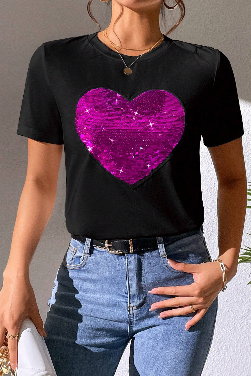 Black Valentine Two Tone Sequined Heart Shaped Graphic T Shirt from MsDressly