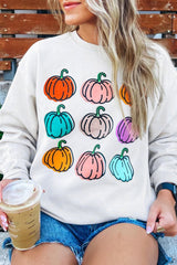 Beige Vibrant Pumpkins Print Crew Neck Halloween Sweatshirt from MsDressly