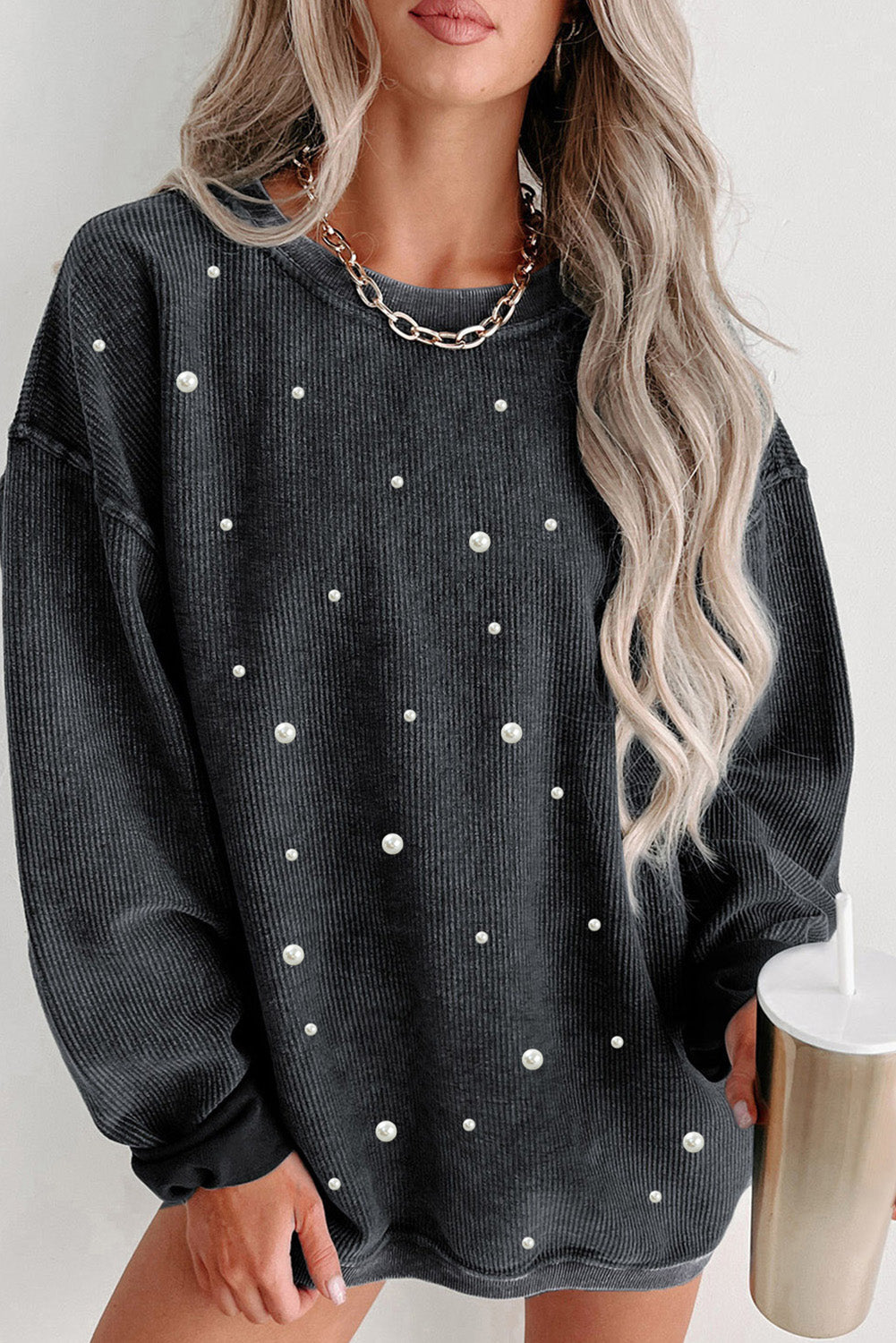 Black Beaded Corded Crew Neck Sweatshirt from MsDressly