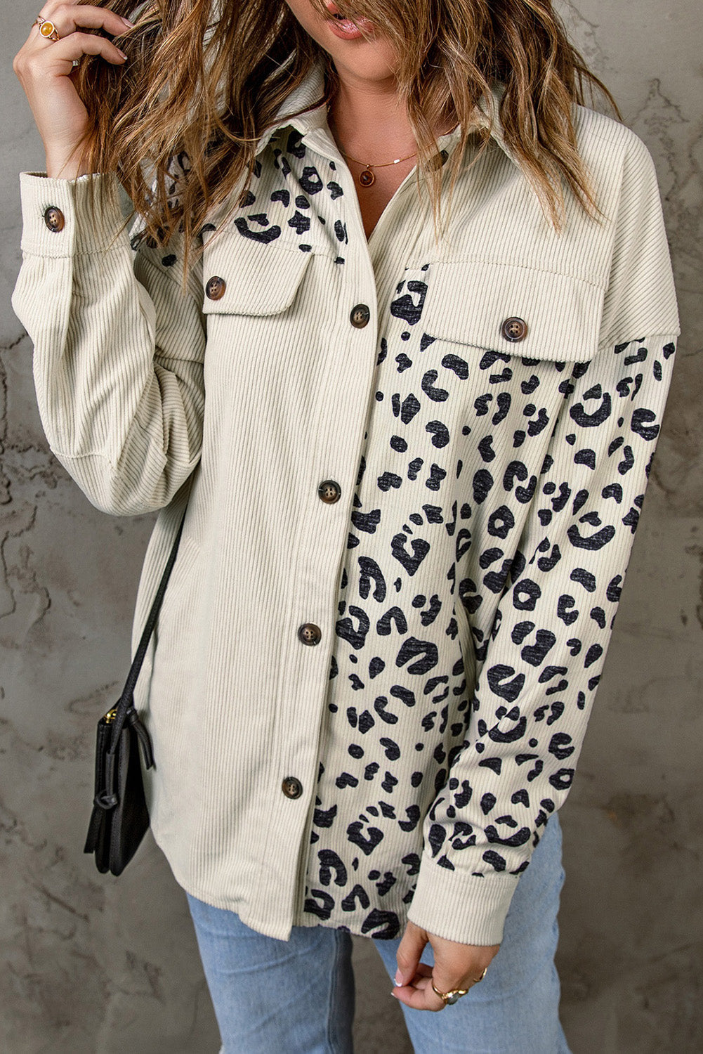 Apricot Corduroy Jacket with Leopard Print Details and Pockets from MsDressly