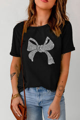 Black Rhinestone Bowknot Graphic Crewneck T Shirt from MsDressly
