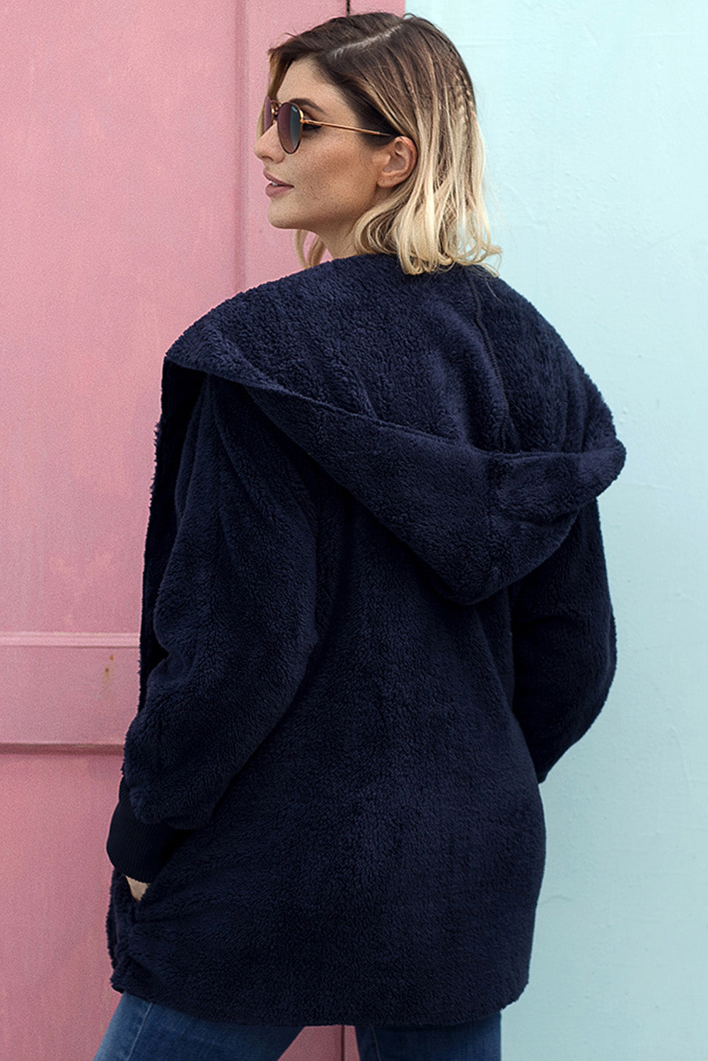 Blue Soft Fleece Hooded Open Front Coat From MsDressly