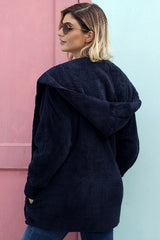 Blue Soft Fleece Hooded Open Front Coat From MsDressly