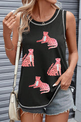 Black Sequin Cheetah Round Neck Stitching Loose Tank Top From MsDressly
