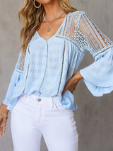 3/4 Sleeve Crochet Blouse in Light Blue from MsDressly