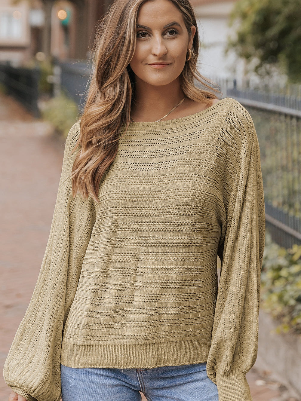 Apricot Eyelets Textured Lantern Sleeve Knit Jumper from MsDressly