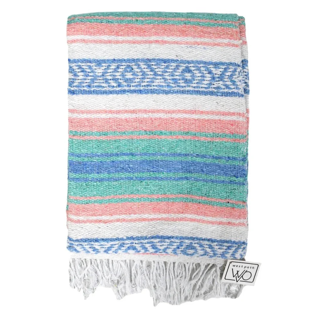Mint, Blue & Coral Peach Mexican Falsa Blanket From West Path