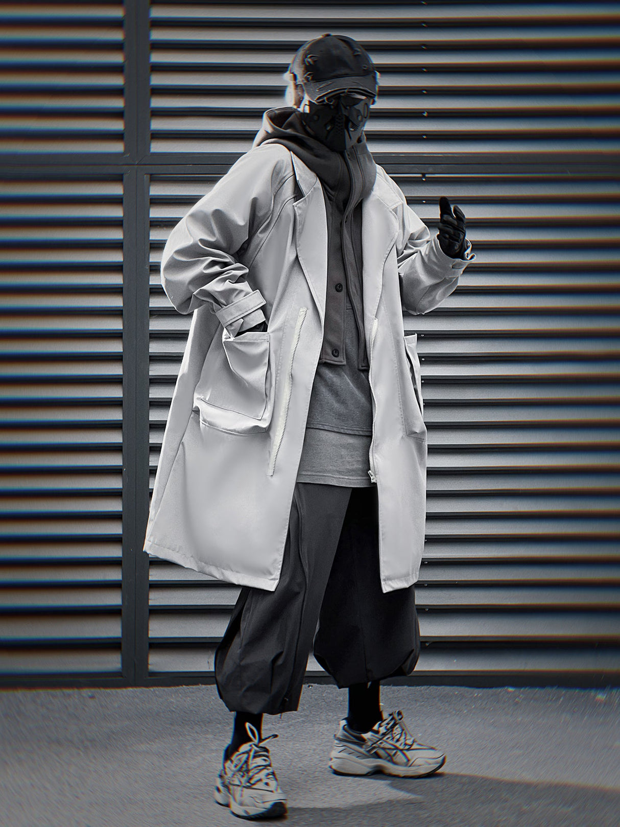 J36 Grey Urban Trench Coat with Hoodie from Niepce Inc