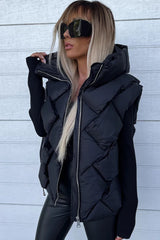 Black Quilted Zipper Front Hooded Vest Coat From MsDressly