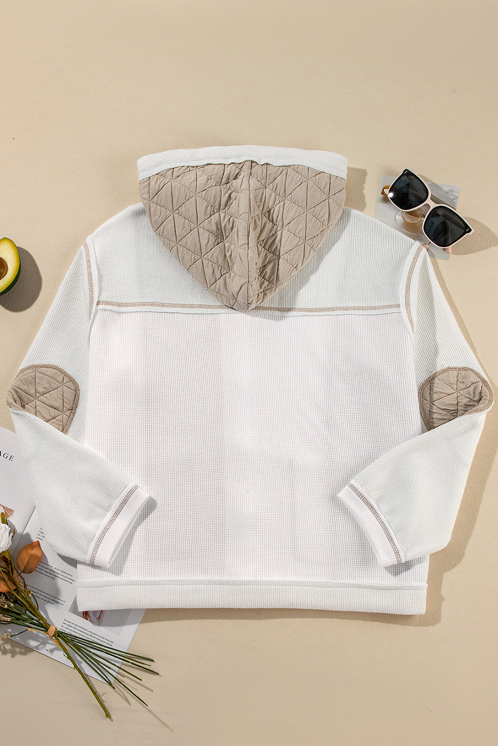 Beige Quilted Textured Patchwork Loose Fit Hooded Jacket from MsDressly